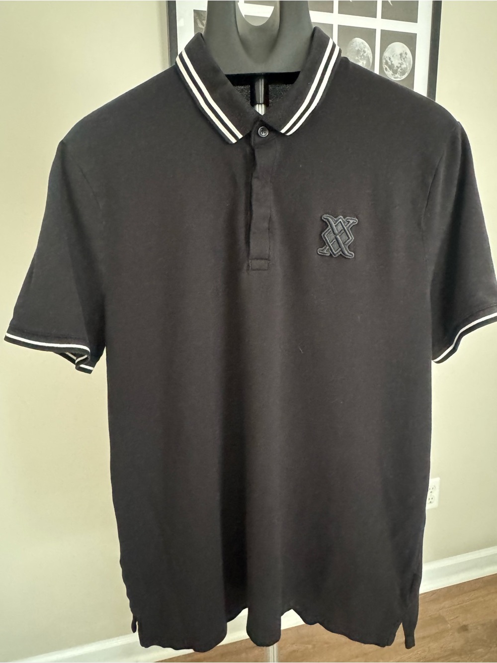 Express Men's Black Polo Shirt with Contrast Stripe Collar